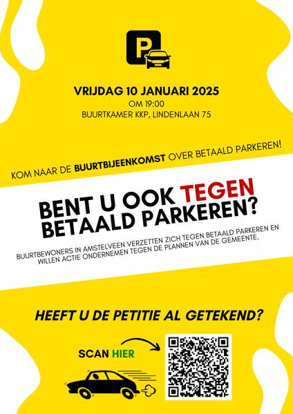 Poster buurtbijeenkomst betaald parkeren Amstelveen A4 formaat